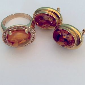 14K SOLID YG BALTIC AMBER RING / EARRING SET
